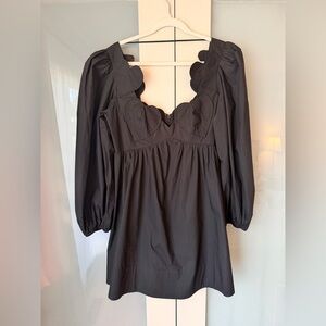 FARM Rio Black Puff Sleeve Scalloped Bust Mini Dress Size M